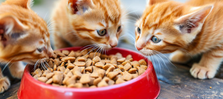 Hungry kittens await foodcute cats eager for mealdomestic pets blissbreed nutrition concept.の素材