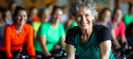 Active senior woman with grey hair exercising on exercise bike with group in gymの素材