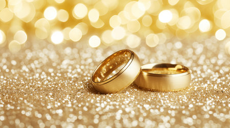 Close up shot of two gold wedding rings on soft yellow bokeh background with copy spaceの素材
