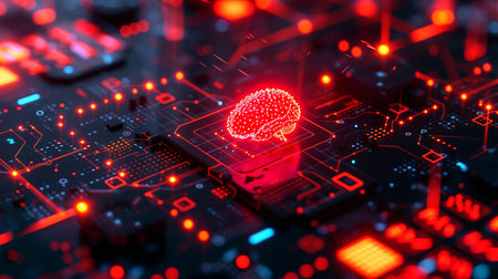 Interactive brain icon on cpu with holographic security and text space for data protection.の素材