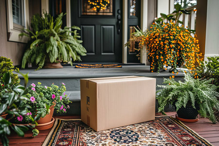 Cardboard package delivered near front door   online shopping delivery service conceptの素材