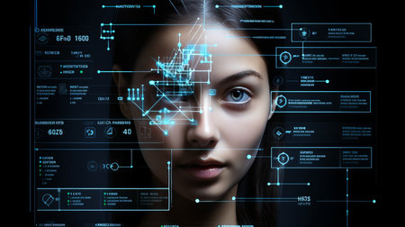 Facial recognition system with face id, 3d scanning, biometric scanning in wireframe polygon designの素材