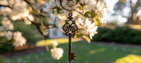 House key hanging from blooming spring garden tree branch with blurred private home backgroundの素材