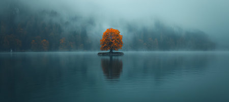 Breathtaking panoramic vista of a tranquil mountain lake shrouded in mystical fogの素材
