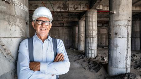 Smiling builder worker in uniform and safety helmet on labor day with copy space for text placement.の素材