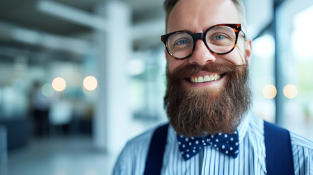 Handsome confident man portrait on defocused bright interior background with copy spaceの素材