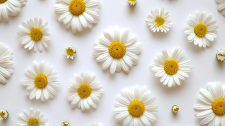 Simple white daisy petals on background, top view flat lay, elegant floral conceptの素材
