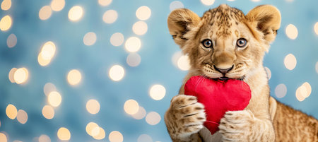 Lion cub with heart shaped gift on magical blurred background, valentine s day animals, copy spaceの素材
