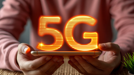 Shining 5g holographic text icon displayed as interactive projection over a mobile phone in handsの素材