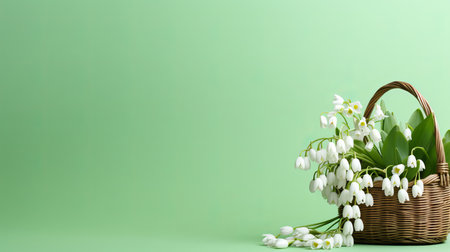 Beautiful white snowdrops in a basket on light green spring background with copy spaceの素材