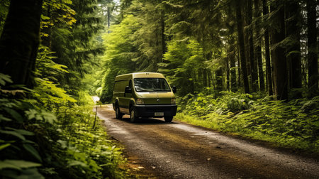 Contemporary delivery van driving through a lush green forest on a bright and sunny summer dayの素材