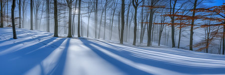 Captivating silent winter forest with beautiful sun rays as enchanting magical forest backgroundの素材