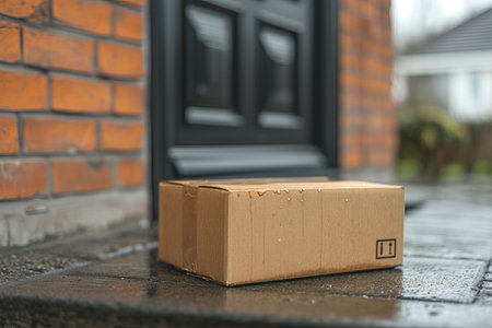Package near front dooronline shopping delivery conceptcardboard box delivered to the front door.の素材