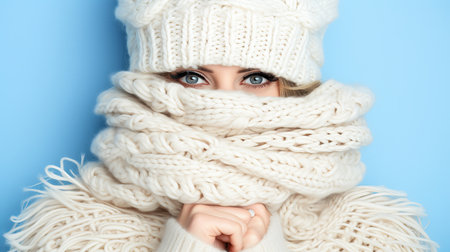 Happy woman in hat and scarf, looking away, isolated on pastel background with text spaceの素材