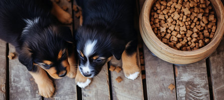 Adorable puppies eagerly waiting for a meal, domestic pets nutrition background with copy spaceの素材