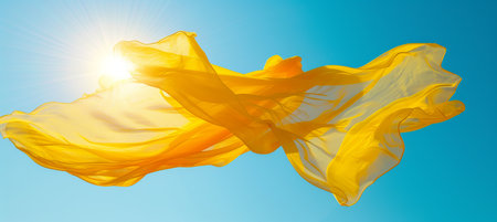 Serene atmosphere  abstract yellow and blue background with waving silk fabric and leavesの素材