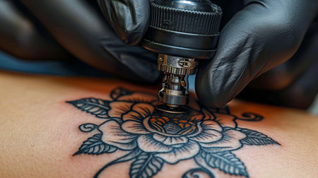Close up of tattoo artist creating a design on a woman s hand with a tattoo machine in a studioの素材