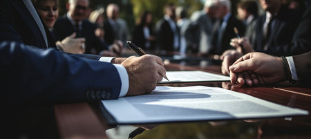 Close up of business professionals negotiating a contract and shaking hands in agreementの素材
