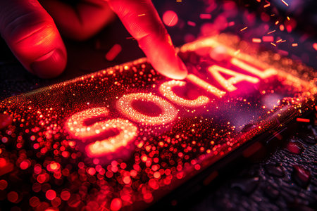 Interactive holographic social media text icon shining over a modern smartphone in handsの素材