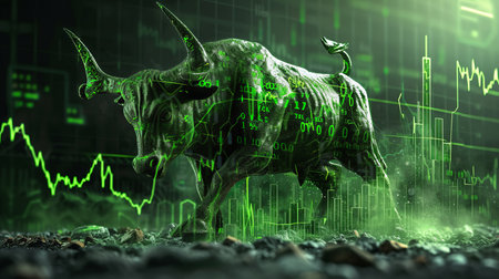 Bull market with rising candlestick charts on monitors, trading volatility and recession conceptの素材