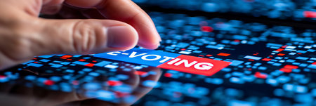 E voting security concept with shining text and holograms on dark blue backgroundの素材