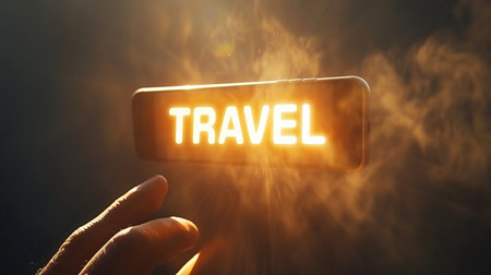 Shimmering holographic  travel  icon hovering over mobile phone for interactive displayの素材