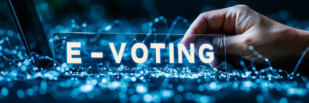 E voting security concept with shining blue text and holograms on dark backgroundの素材