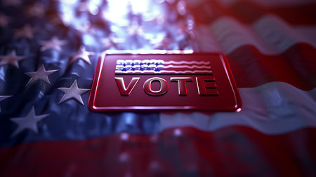 Shining vote text on blurred usa flag background, creating patriotic atmosphere with text space.の素材