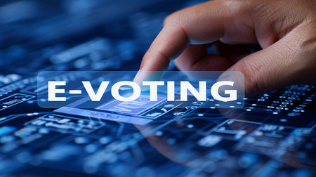 Secure e voting concept with shining text, dark blue background, holograms, and wave patterns.の素材