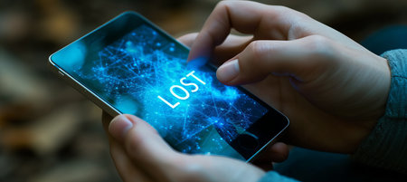 Lost holographic text icon shining over mobile phone with copy space, futuristic technology concept.の素材