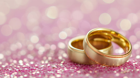 Close up of two gold wedding rings on soft pink bokeh background with space for text placementの素材