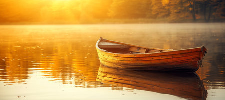 Lonely wooden boat floating on calm lake, reflecting serene dawn sky   peaceful nature landscapeの素材