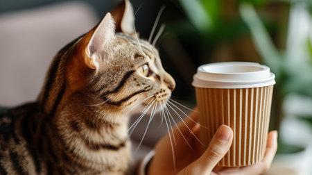 Close up of a tabby cat holding an empty coffee to go paper cup in its paw, with expressive eyesの素材
