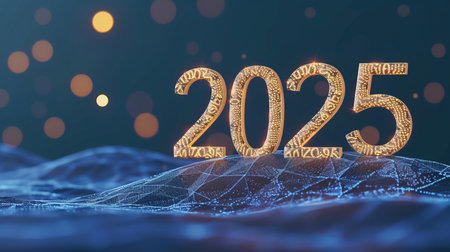 Futuristic holographic number 2025 in dark techno styled background with interactive shine effectの素材