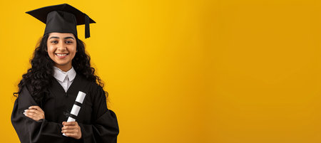 Radiant graduate with diploma on yellow studio background for advertising with text placementの素材