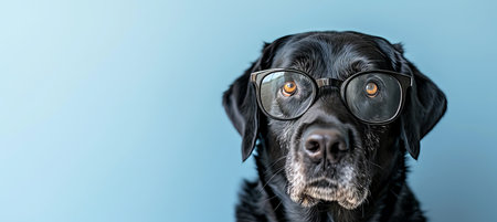 Cute dog with large glasses isolated on blue background, with space for text on the right sideの素材