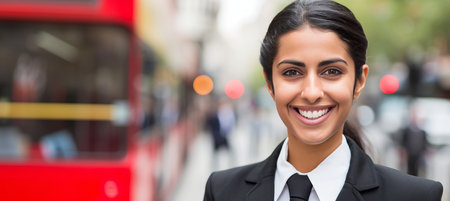 Stylish young businesswoman walking on city street with blurred background and smiling confidentlyの素材
