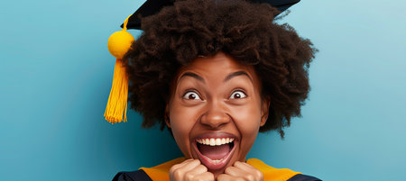 Euphoric graduate with diploma on blue background, ideal for advertising with ample copy space.の素材