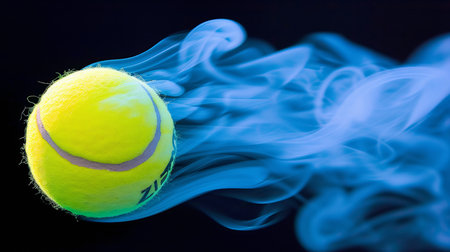 Vibrant tennis ball emerging from black background with mesmerizing colorful smoke trail.の素材