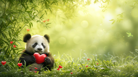 Cute panda baby presenting heart gift on magical blurred background for valentine s dayの素材