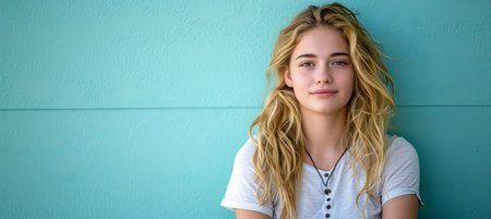 Blonde woman with long hair smiling, isolated on pastel background with copy spaceの素材