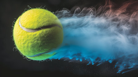 Dynamic tennis ball releasing vivid, multicolored smoke against a black isolated backdropの素材