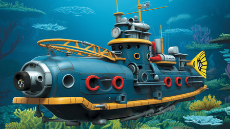 Exploration of the deep ocean  submarine glides through underwater world surrounded by colorful fishの素材