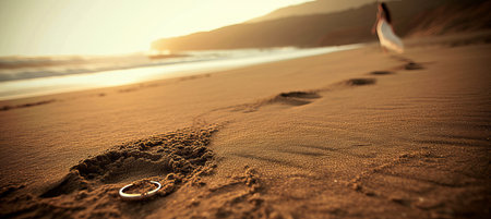 Bride walking on sandy beach with wedding bands and golden rings, blurred background with copy spaceの素材
