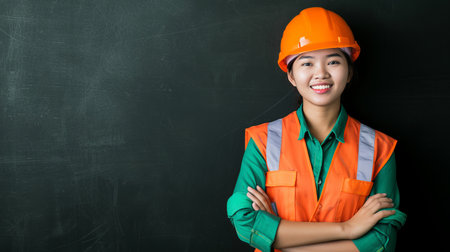 Smiling female builder worker in safety helmet with copy space for labour day text placementの素材