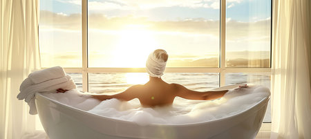 Luxurious spa day  woman relaxing with facial mask in bubble bath, bright bathroom view.の素材