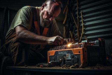 Experienced technician meticulously repairing car battery in professional auto repair workshopの素材