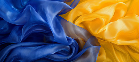 Abstract yellow and blue background with leaves and gently waved silk fabric in serene compositionの素材