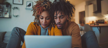 Multiracial young couple enjoying quality time together watching laptop on sofa at homeの素材