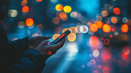 Vibrant city night scene  woman engrossed in mobile app under dazzling street lights with copy spaceの素材
